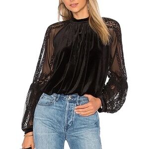 Free People Dream Team Black Velvet and Lace Long Sleeve Top Blouse Size M
